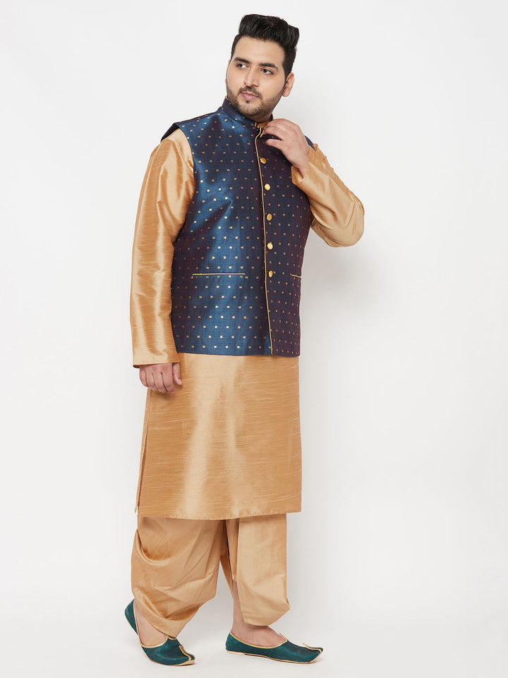 Front view of VASTRAMAY PLUS Men's Blue Zari Weaved Nehru Jacket with Kurta Dhoti set