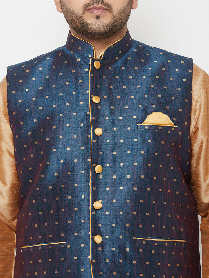  Traditional Indian outfit with blue Nehru jacket, kurta, and dhoti