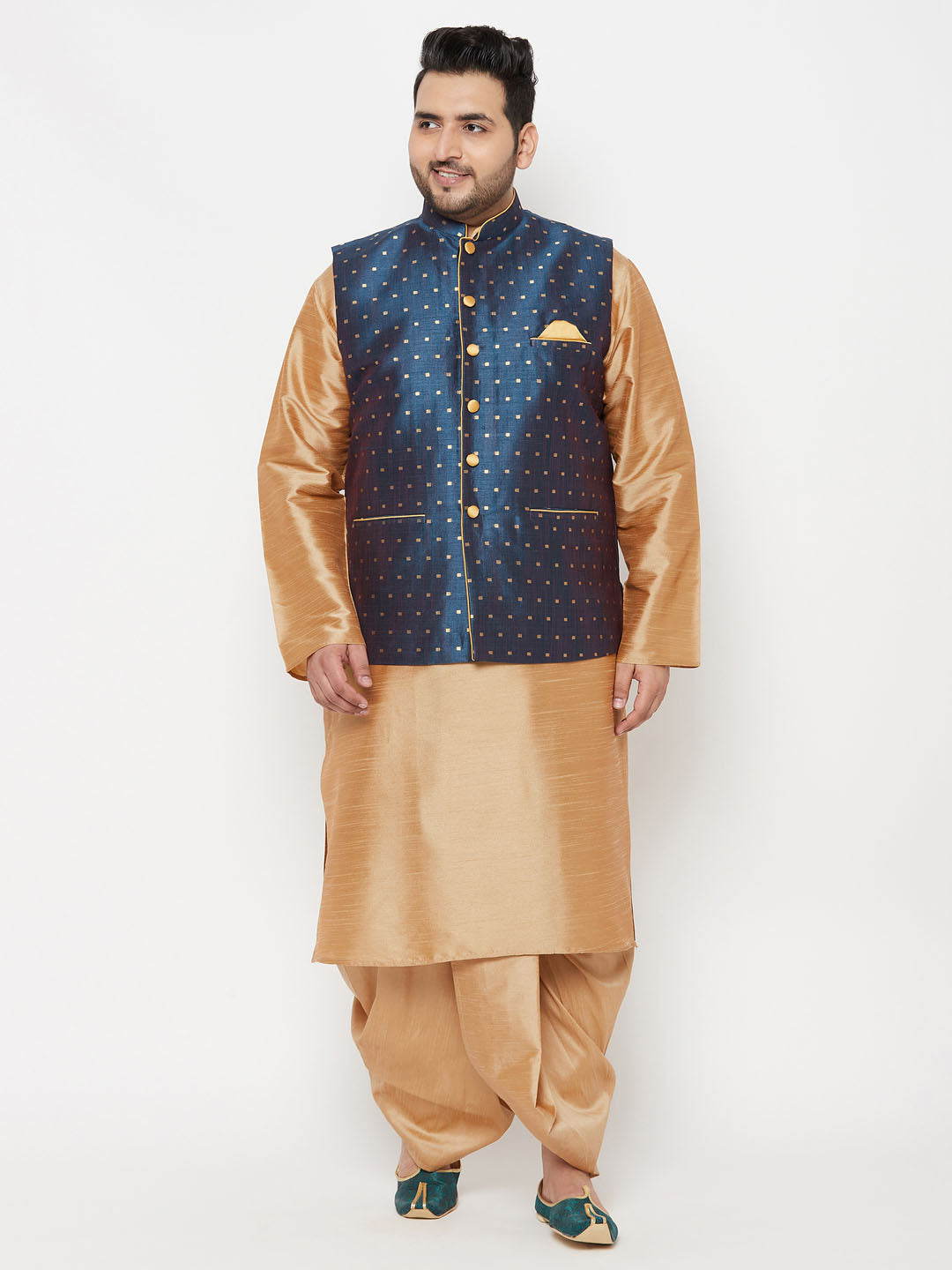 VASTRAMAY PLUS Men's Blue Zari Weaved Nehru Jacket With Kurta Dhoti set