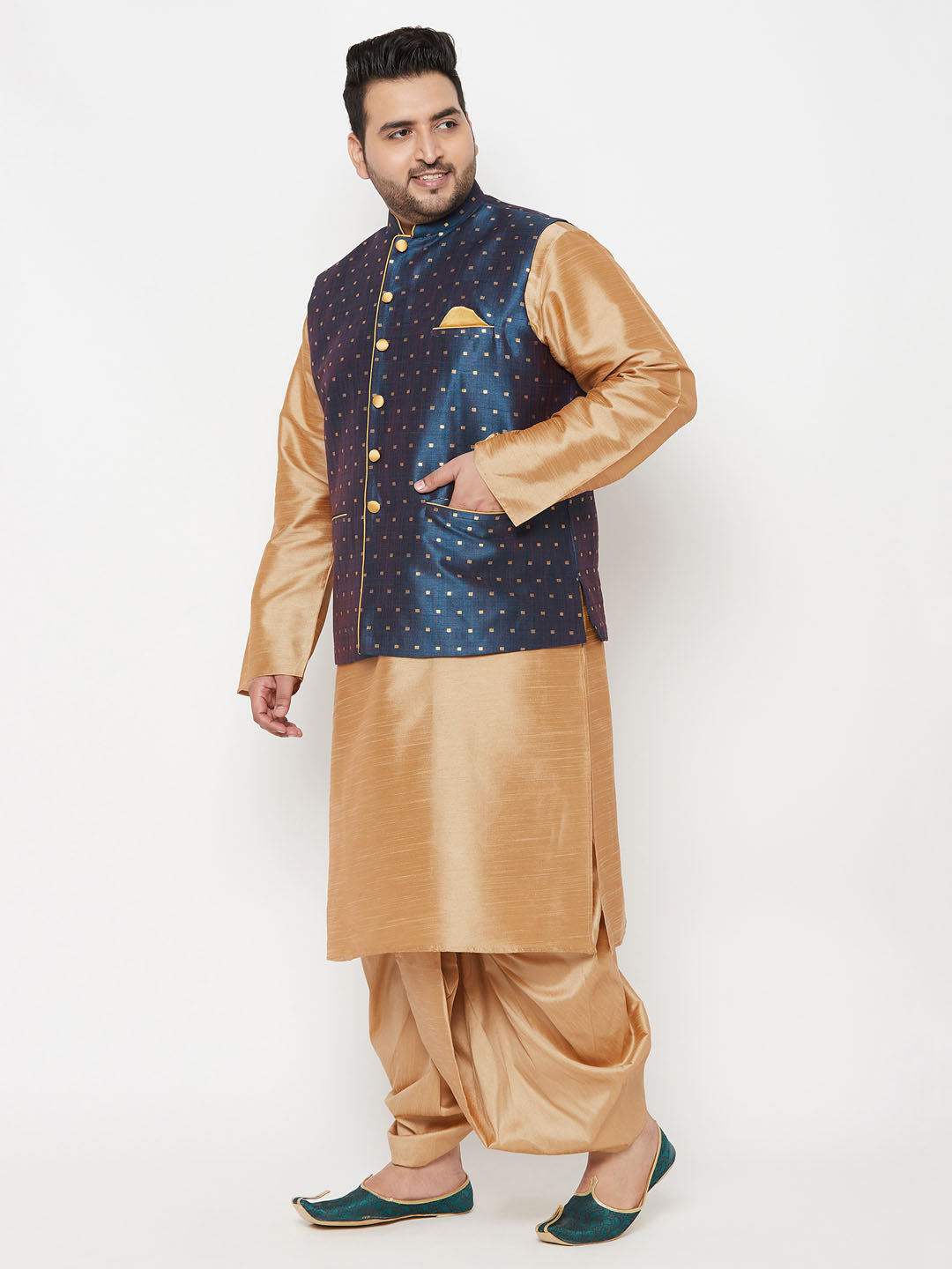 VASTRAMAY PLUS Men's Blue Zari Weaved Nehru Jacket With Kurta Dhoti set