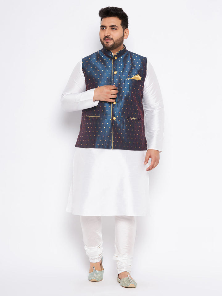 VASTRAMAY Men's Plus Size Blue Zari Weaved Nehru Jacket With Kurta Pyjama set, perfect for traditional Indian occasions and festivals