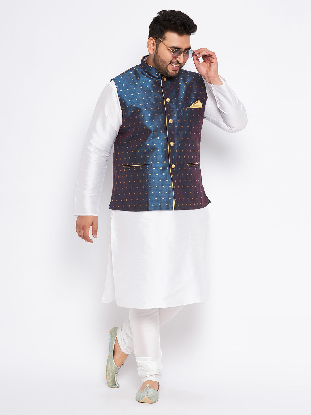 VASTRAMAY Men's Plus Size Blue Zari Weaved Nehru Jacket With Kurta Pyjama set - traditional Indian ethnic wear for men