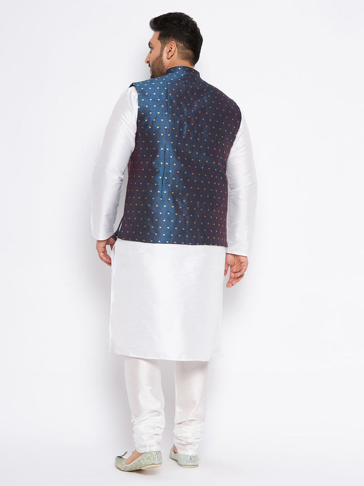 VASTRAMAY Men's Plus Size Blue Zari Weaved Nehru Jacket With Kurta Pyjama set, traditional Indian clothing for special occasions and celebrations