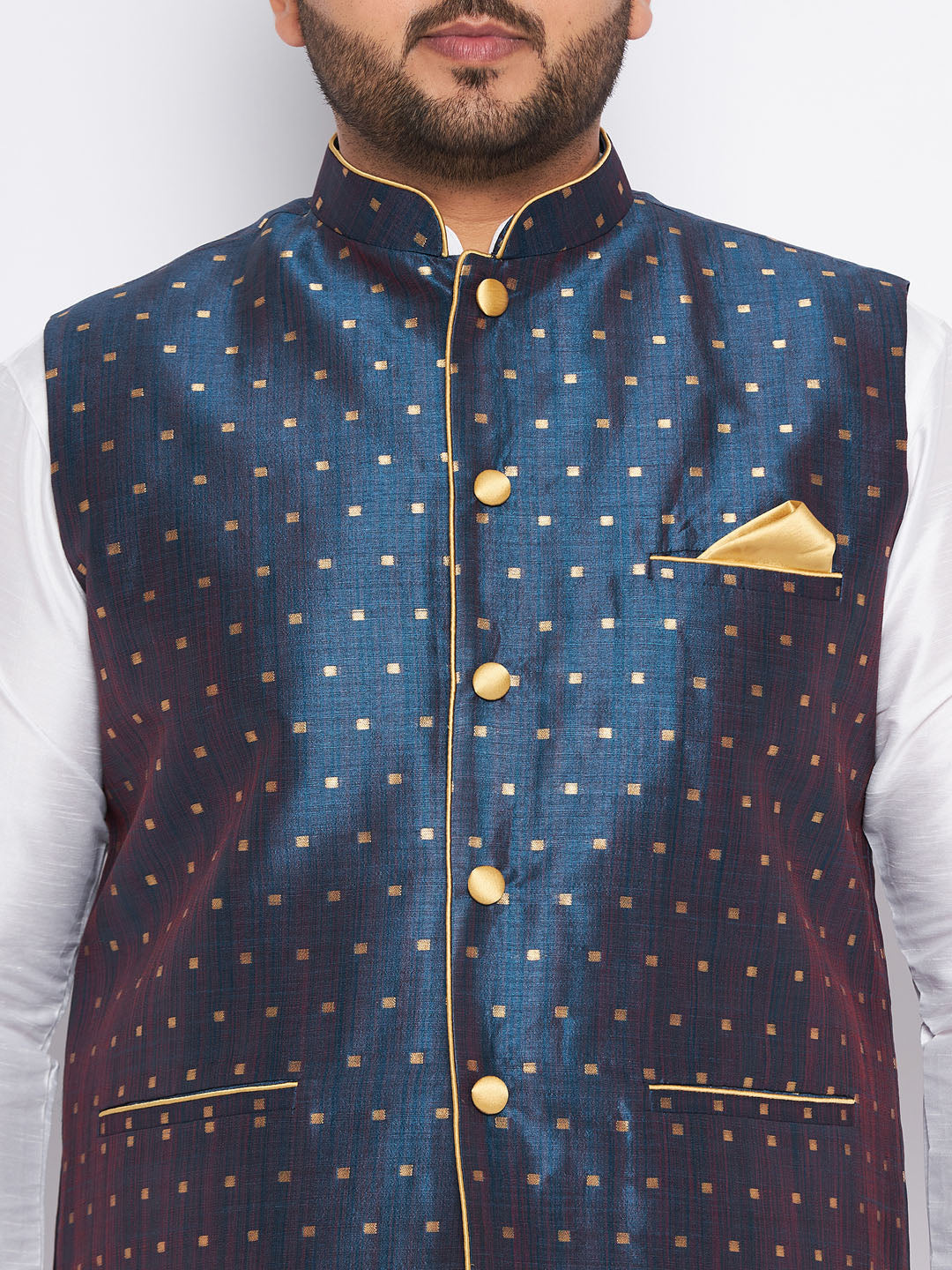 VASTRAMAY Men's Plus Size Blue Zari Weaved Nehru Jacket With Kurta Pyjama set, traditional Indian outfit for men, perfect for special occasions and events