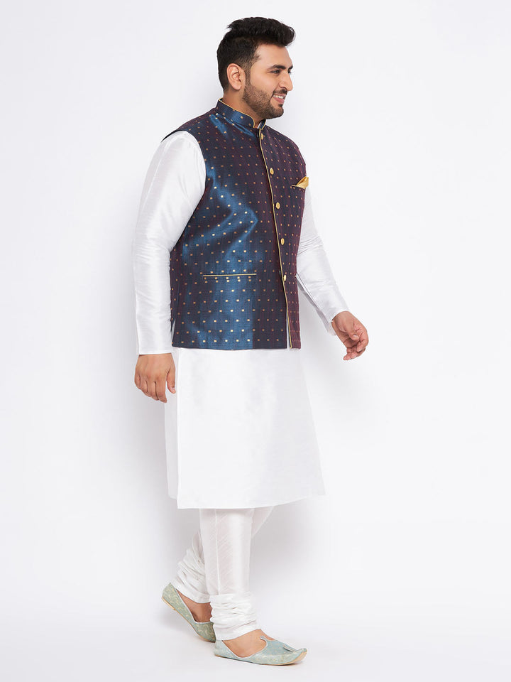 VASTRAMAY Men's Plus Size Blue Zari Weaved Nehru Jacket With Kurta Pyjama set