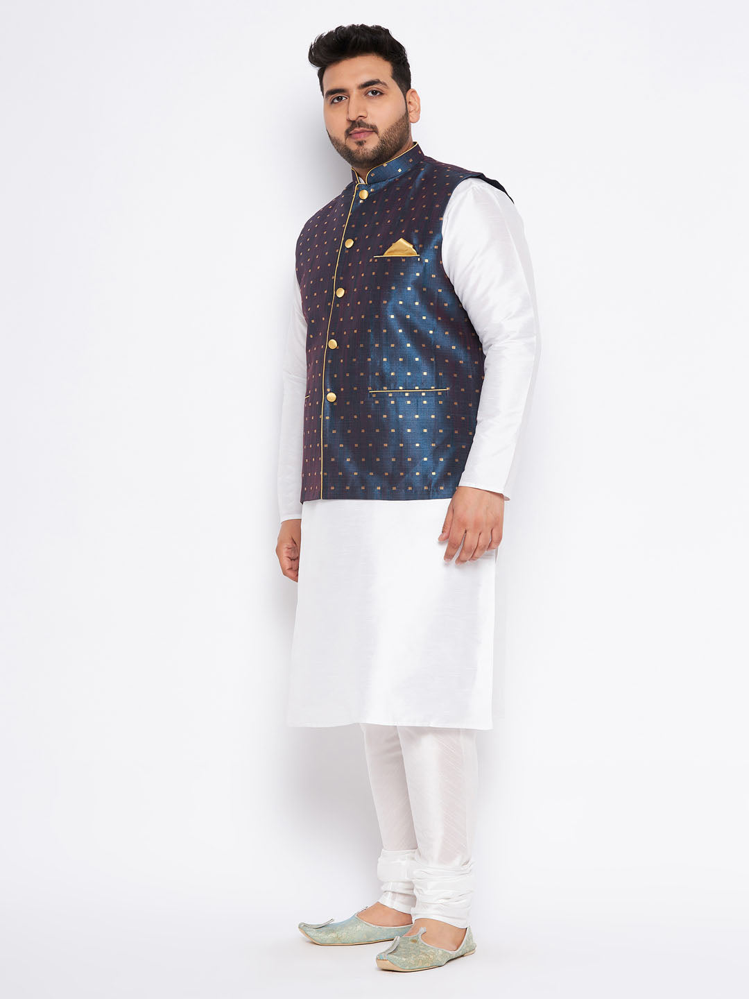 VASTRAMAY Men's Plus Size Blue Zari Weaved Nehru Jacket With Kurta Pyjama set - traditional Indian outfit for men in royal blue with intricate gold zari weaving