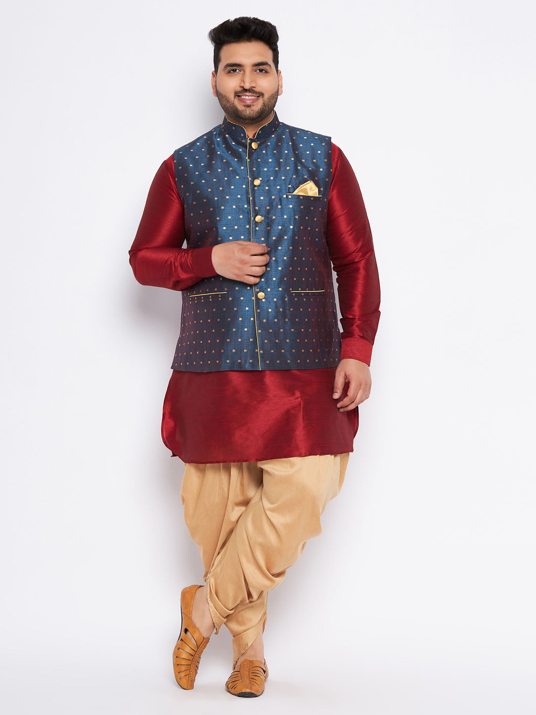 VASTRAMAY Men's Plus Size Blue Zari Weaved Nehru Jacket With Curved Kurta Dhoti set