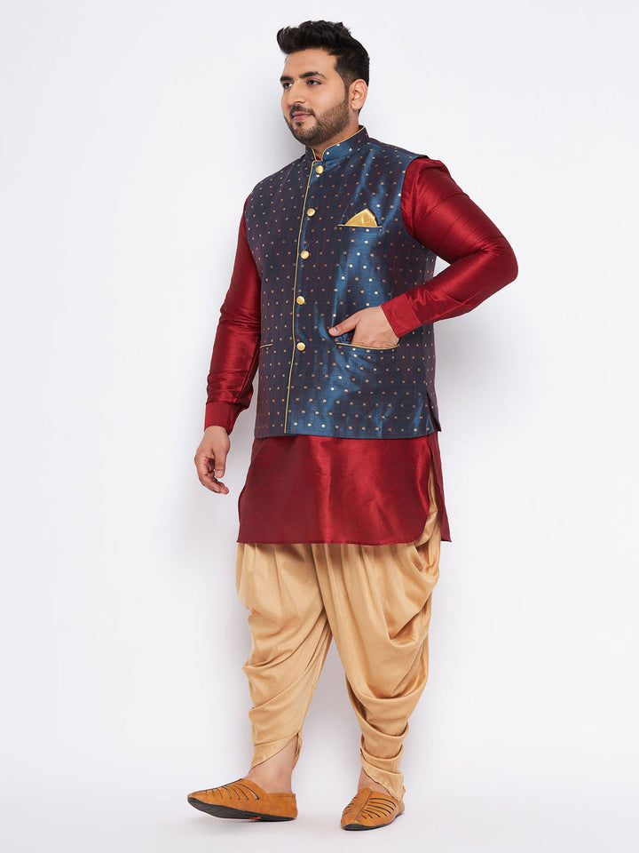 VASTRAMAY Men's Plus Size Blue Zari Weaved Nehru Jacket With Curved Kurta Dhoti set - Traditional Indian ethnic outfit for men in larger sizes