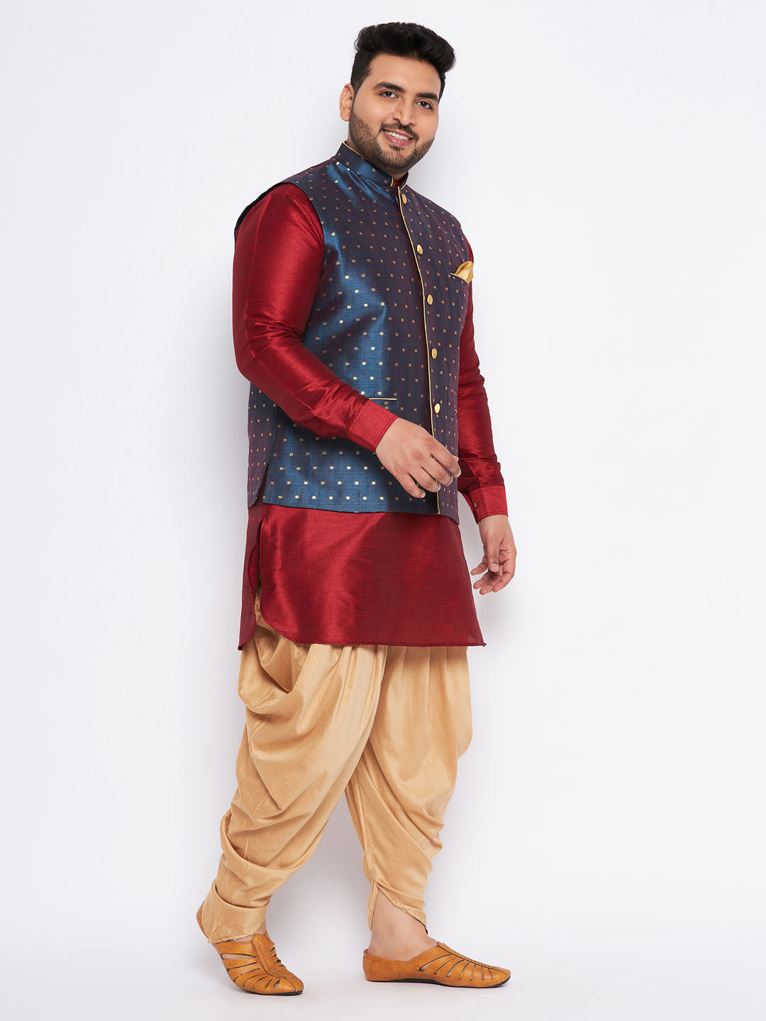 VASTRAMAY Men's Plus Size Blue Zari Weaved Nehru Jacket With Curved Kurta Dhoti set