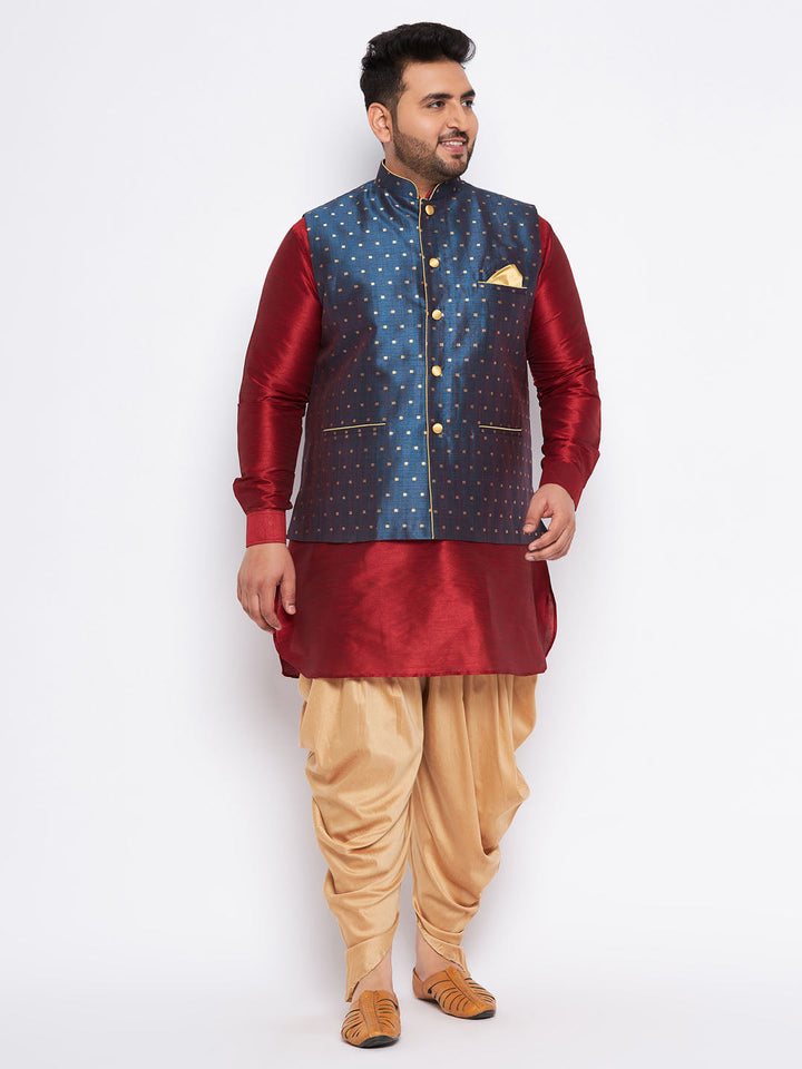 VASTRAMAY Men's Plus Size Blue Zari Weaved Nehru Jacket paired with Curved Kurta Dhoti Set for a stylish and traditional look