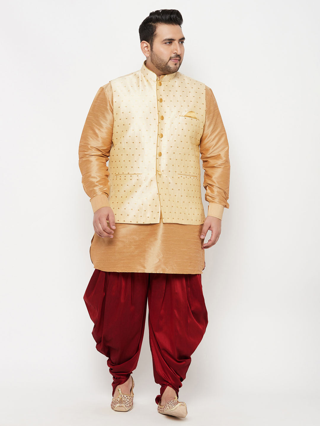 VASTRAMAY Men's Plus Size Gold Zari Weaved Nehru Jacket With Curved Kurta Dhoti set