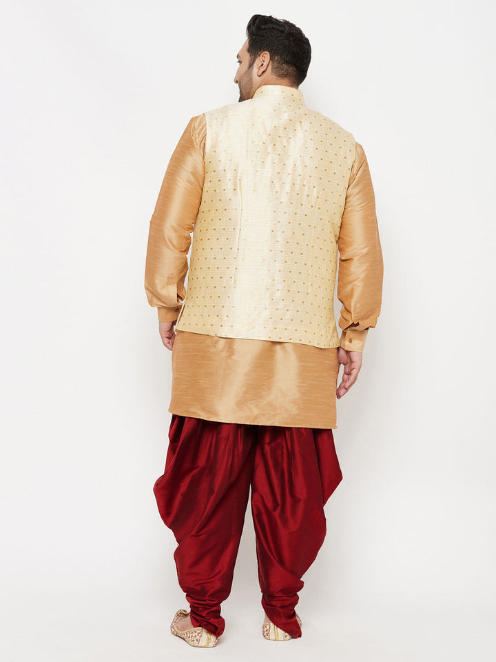 VASTRAMAY Men's Plus Size Gold Zari Weaved Nehru Jacket With Curved Kurta Dhoti set