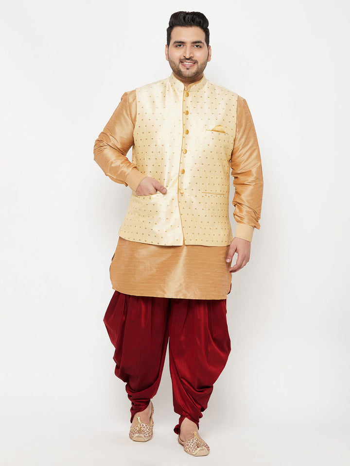 VASTRAMAY Men's Plus Size Gold Zari Weaved Nehru Jacket With Curved Kurta Dhoti set