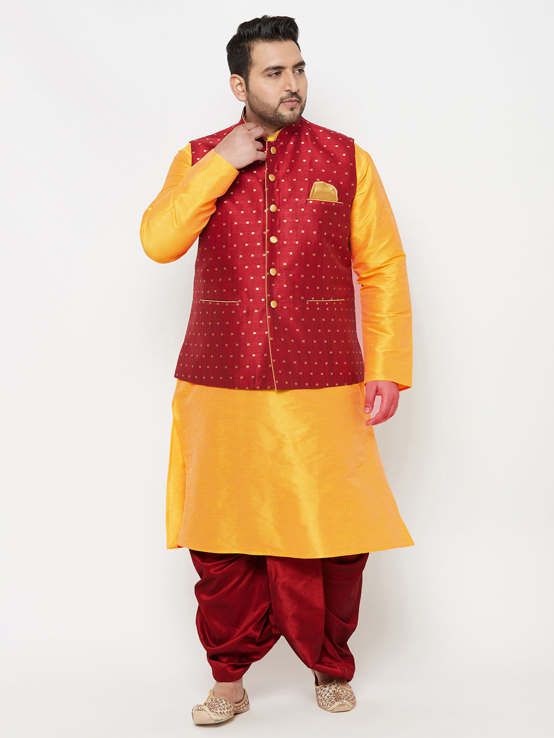 Plus Men's Maroon Zari Weaved Nehru Jacket With Kurta Dhoti Set