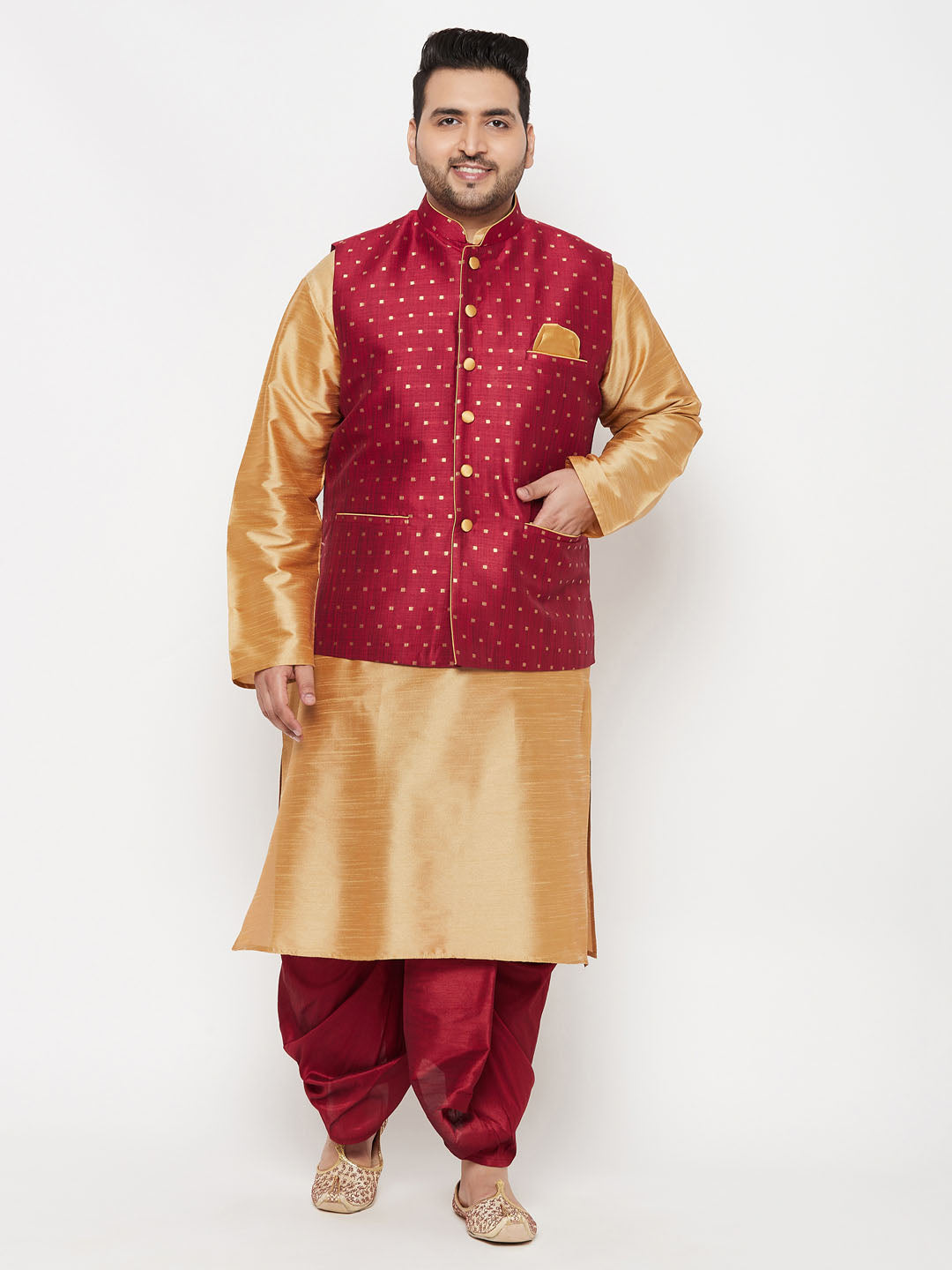 Plus Men's Maroon Zari Weaved Nehru Jacket With Kurta Dhoti Set