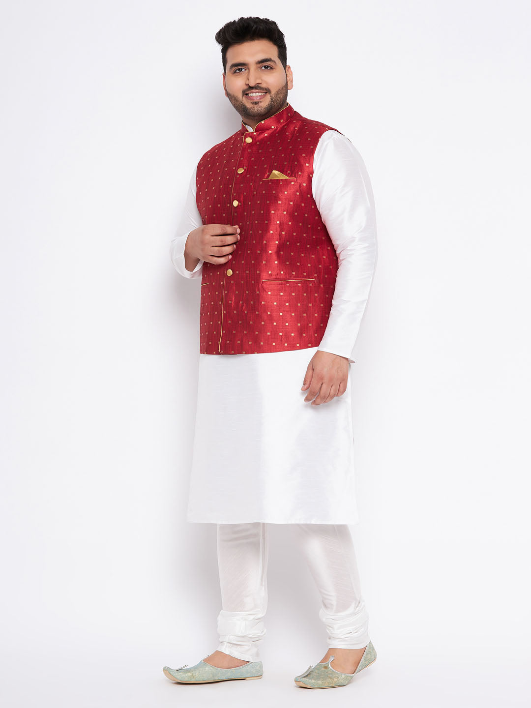 Men's Plus Size Maroon Zari Weaved Nehru Jacket With Kurta Pyjama Set
