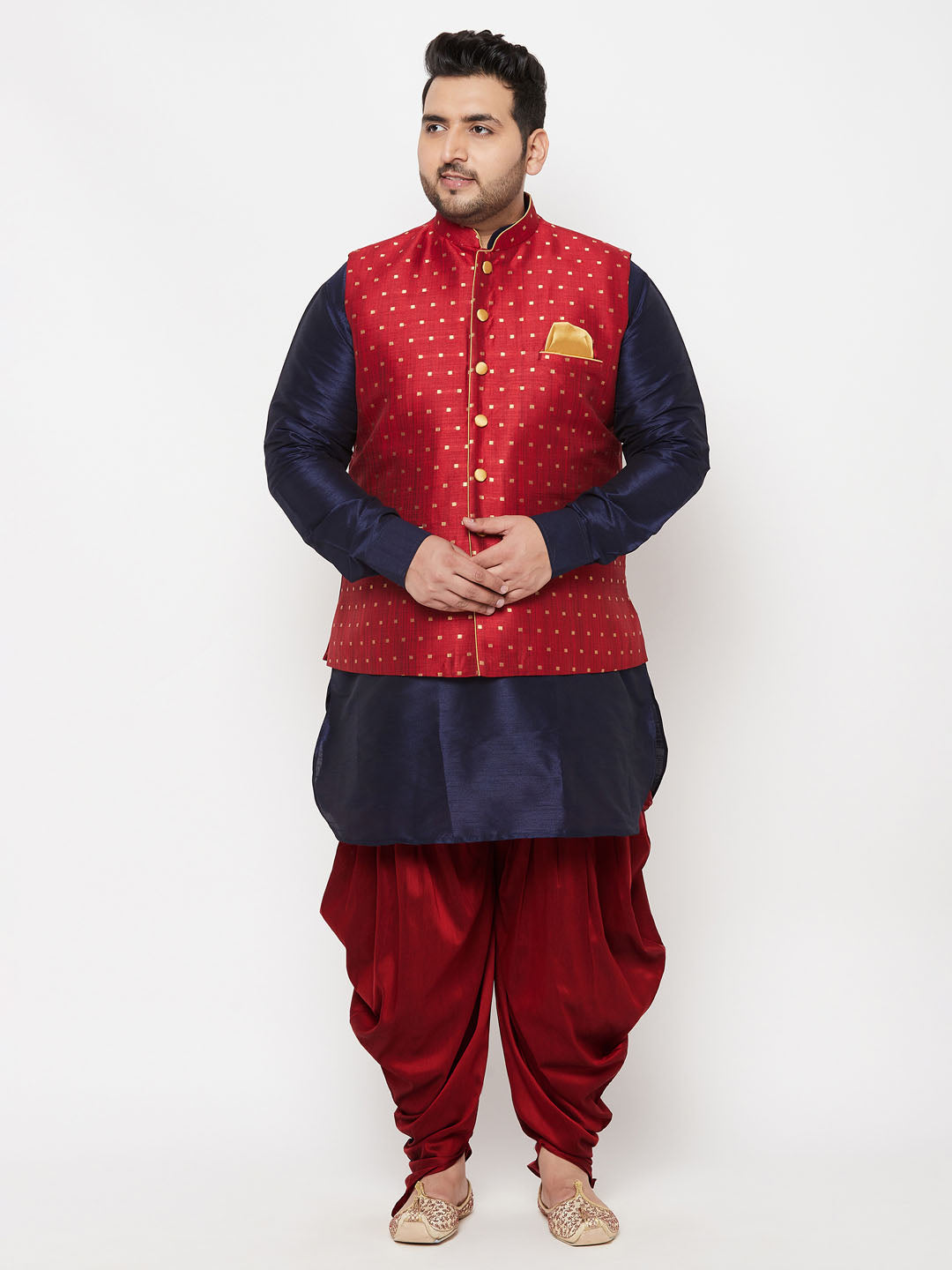 Men's Plus Size Gold Zari Weaved Nehru Jacket With Curved Kurta Dhoti Set