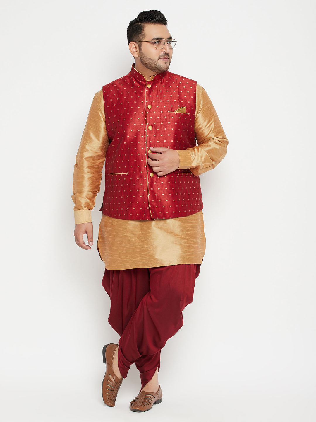 Men's Plus Size Rose Gold Zari Weaved Nehru Jacket With Curved Kurta Dhoti Set