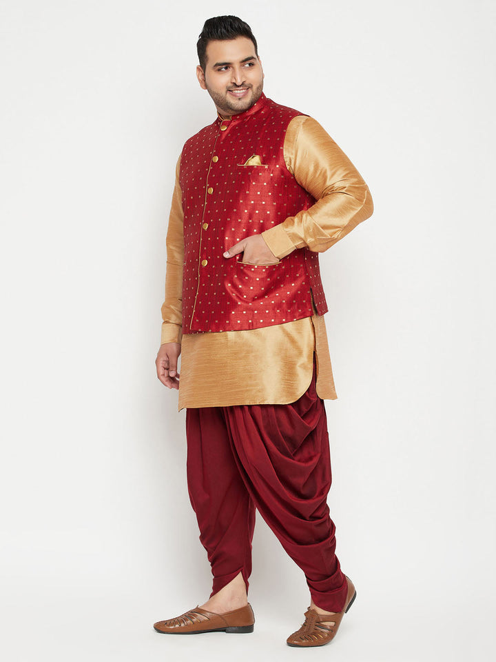 VASTRAMAY Men's Plus Size Rose Gold Zari Weaved Nehru Jacket with Curved Kurta Dhoti Set - Traditional Indian ethnic wear for special occasions