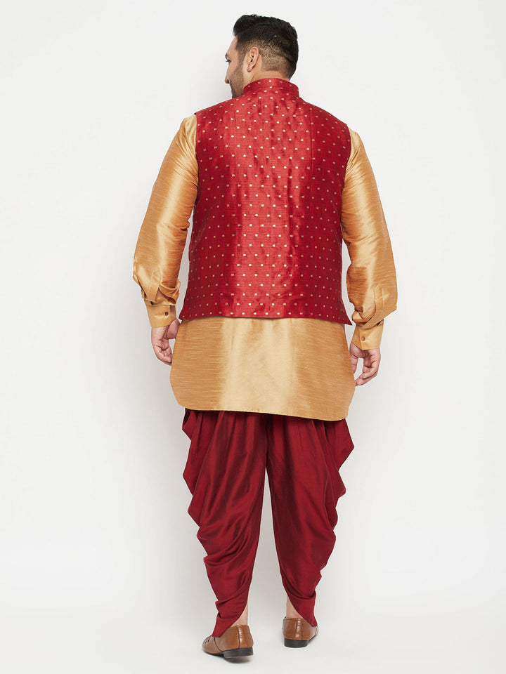 VASTRAMAY Men's Plus Size Rose Gold Zari Weaved Nehru Jacket With Curved Kurta Dhoti set