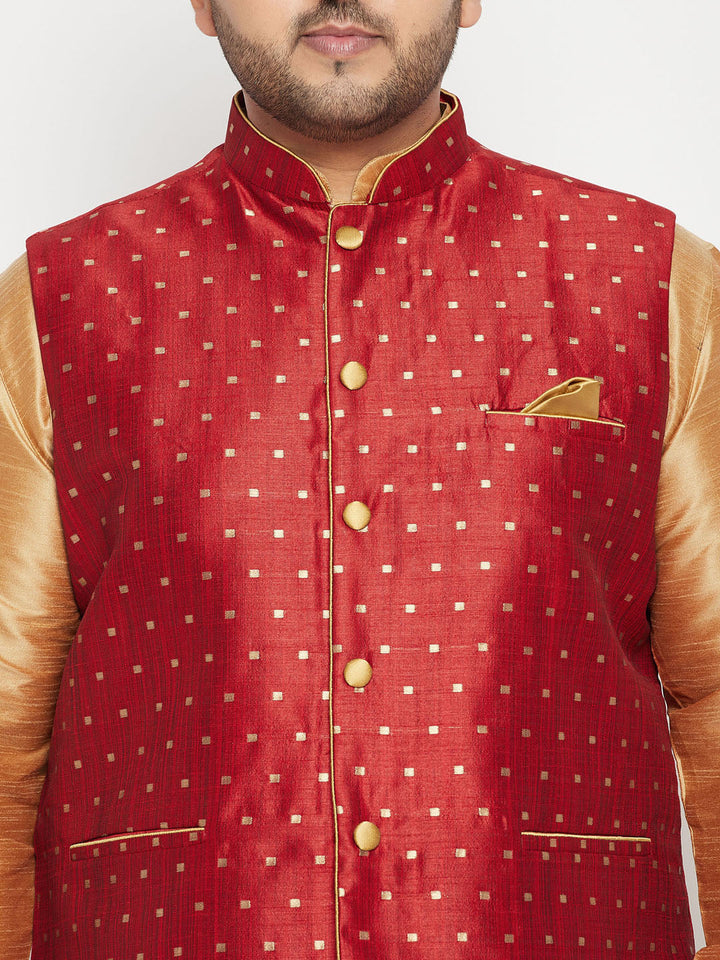 VASTRAMAY Men's Plus Size Rose Gold Zari Weaved Nehru Jacket With Curved Kurta Dhoti set, a stylish and elegant traditional ensemble for men's festive occasions