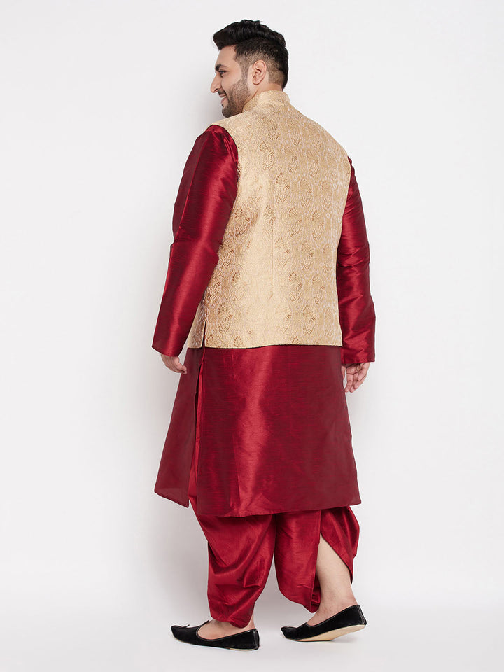 VASTRAMAY Men's Plus Size Rose Gold Brocade Silk Blend Jacket And Maroon Kurta With Pleated Dhoti Set