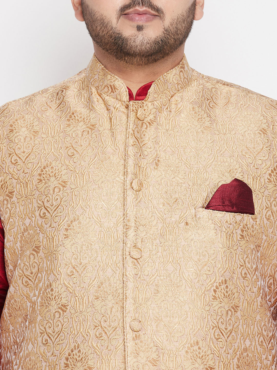 VASTRAMAY Men's Plus Size Rose Gold Brocade Silk Blend Jacket And Maroon Kurta With Pleated Dhoti Set