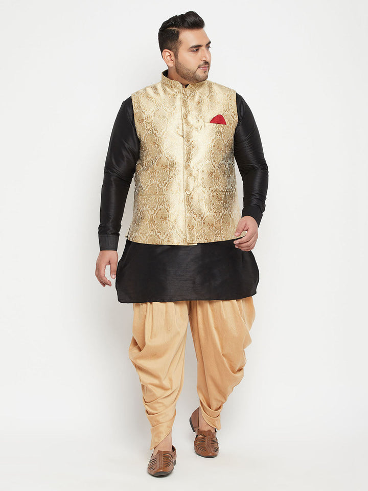 VASTRAMAY Men's Plus Size Rose Gold and Black Silk Blend Jacket Kurta Dhoti Pant Set