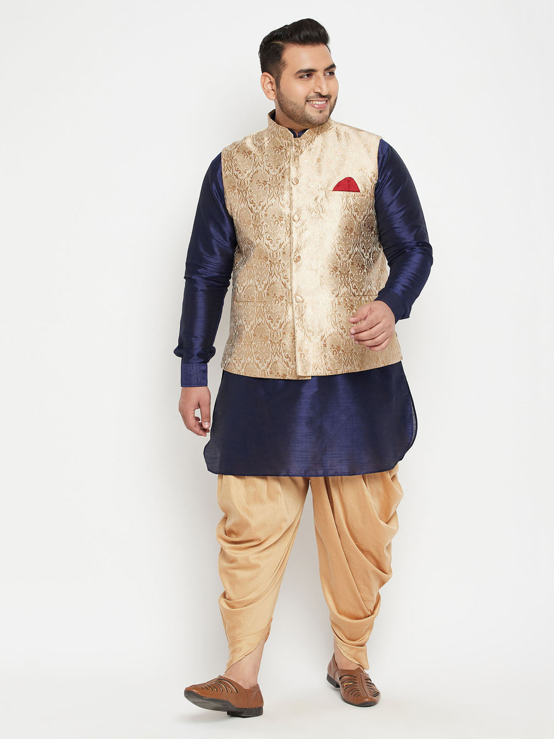 Men's Plus Size Rose Gold And Navy Blue Silk Blend Jacket Kurta Dhoti Pant Set