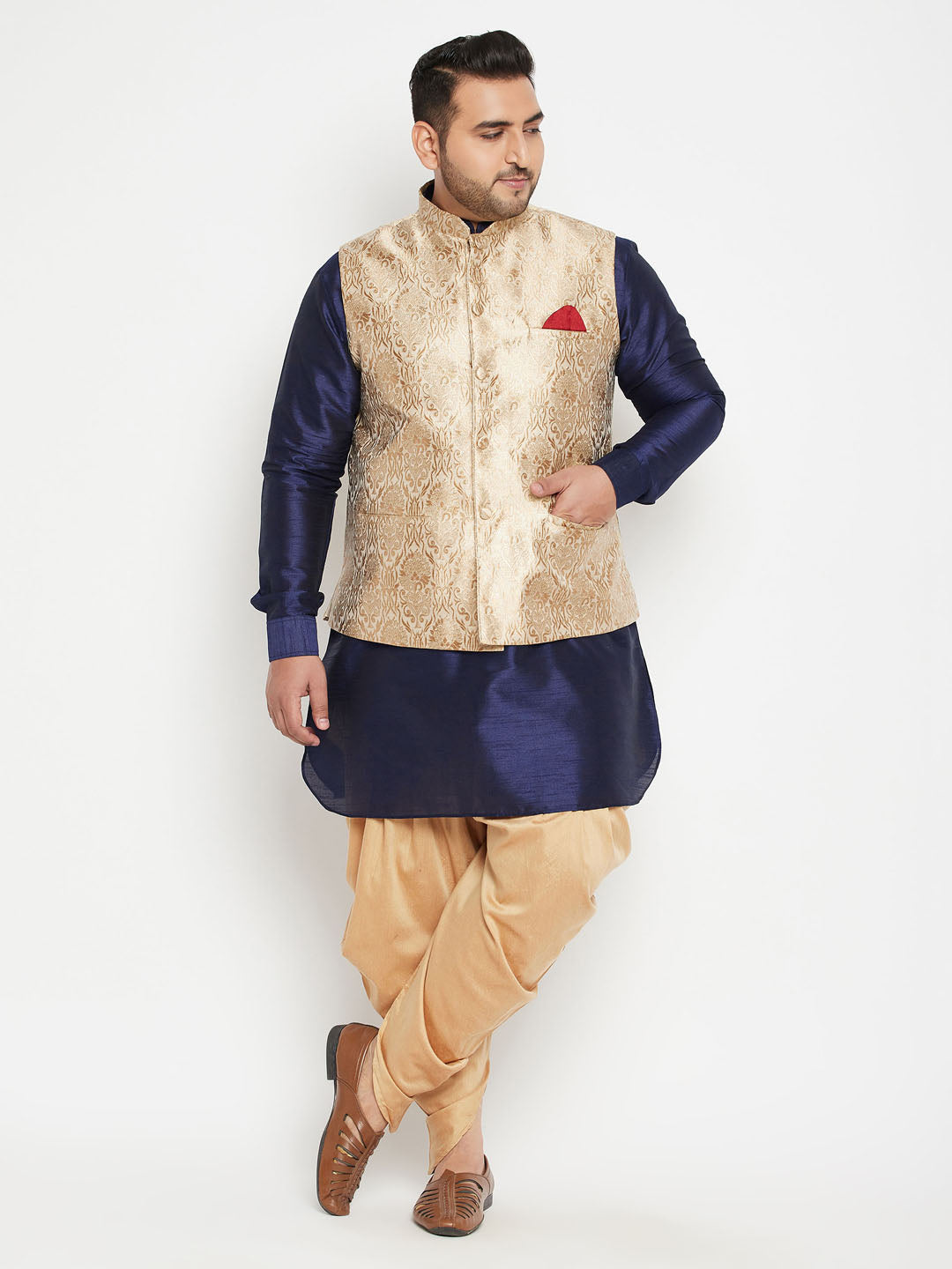 VASTRAMAY Men's Plus Size Rose Gold and Navy Blue Silk Blend Jacket Kurta Dhoti Pant Set