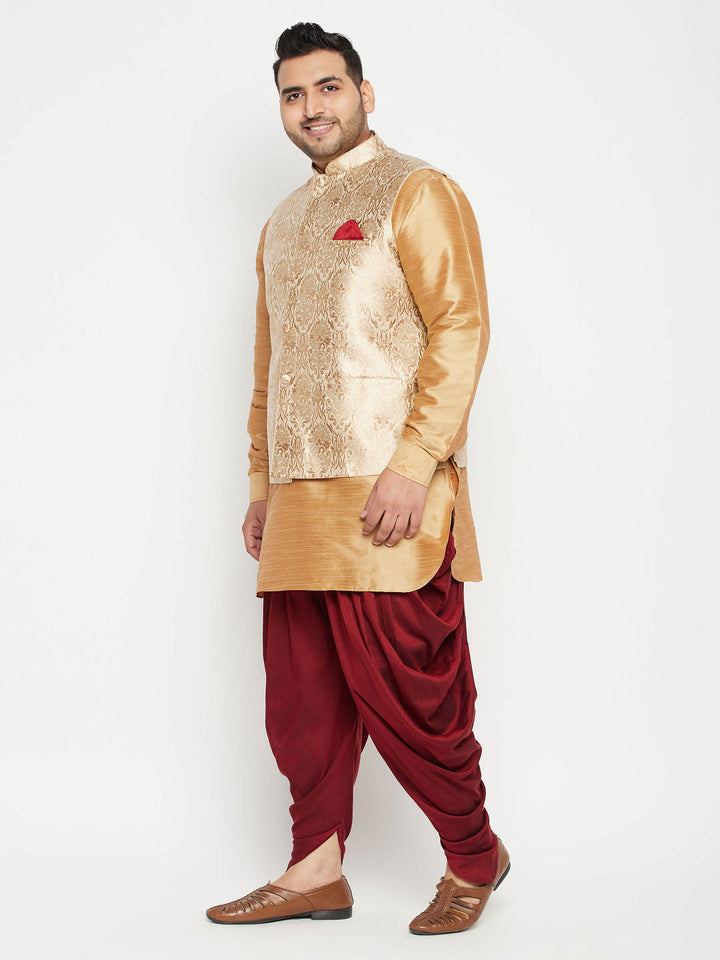 VASTRAMAY Men's Plus Size Rose Gold Brocade Silk Blend Jacket Kurta Dhoti Pant Set: Traditional Indian ensemble with intricate rose gold brocade detailing