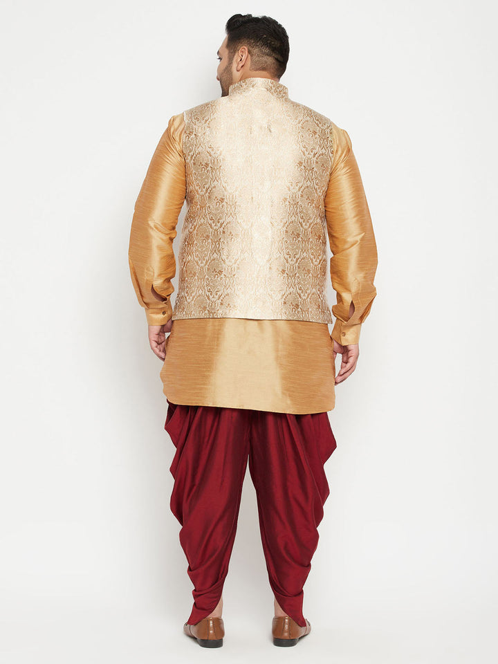 VASTRAMAY Men's Plus Size Rose Gold Brocade Silk Blend Jacket Kurta Dhoti Pant Set