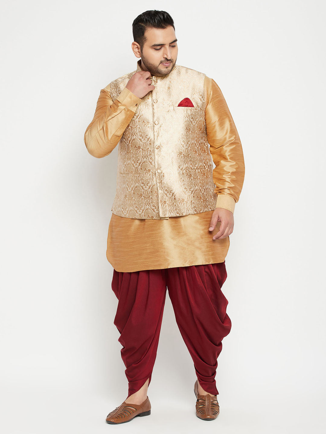 VASTRAMAY Men's Plus Size Rose Gold Brocade Silk Blend Jacket Kurta Dhoti Pant Set for traditional Indian wedding attire