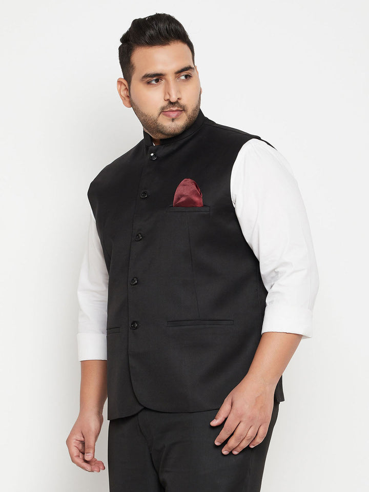 VASTRAMY Men's Plus Size Black Cotton Blend Nehru Jacket