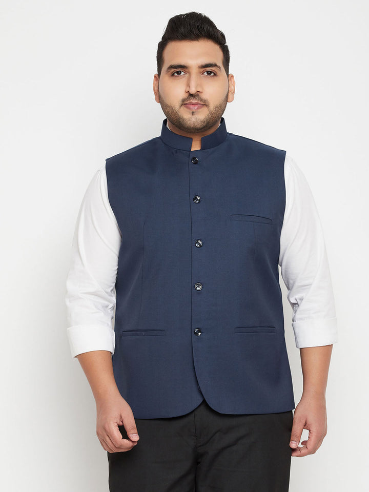 VASTRAMAY Men's Plus Size Blue Cotton Blend Nehru Jacket