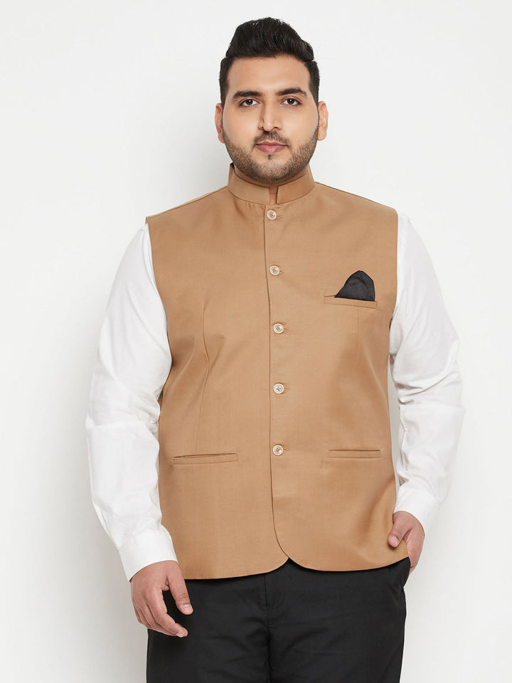 VASTRAMAY Men's Plus Size Chiku Brown Cotton Blend Nehru Jacket