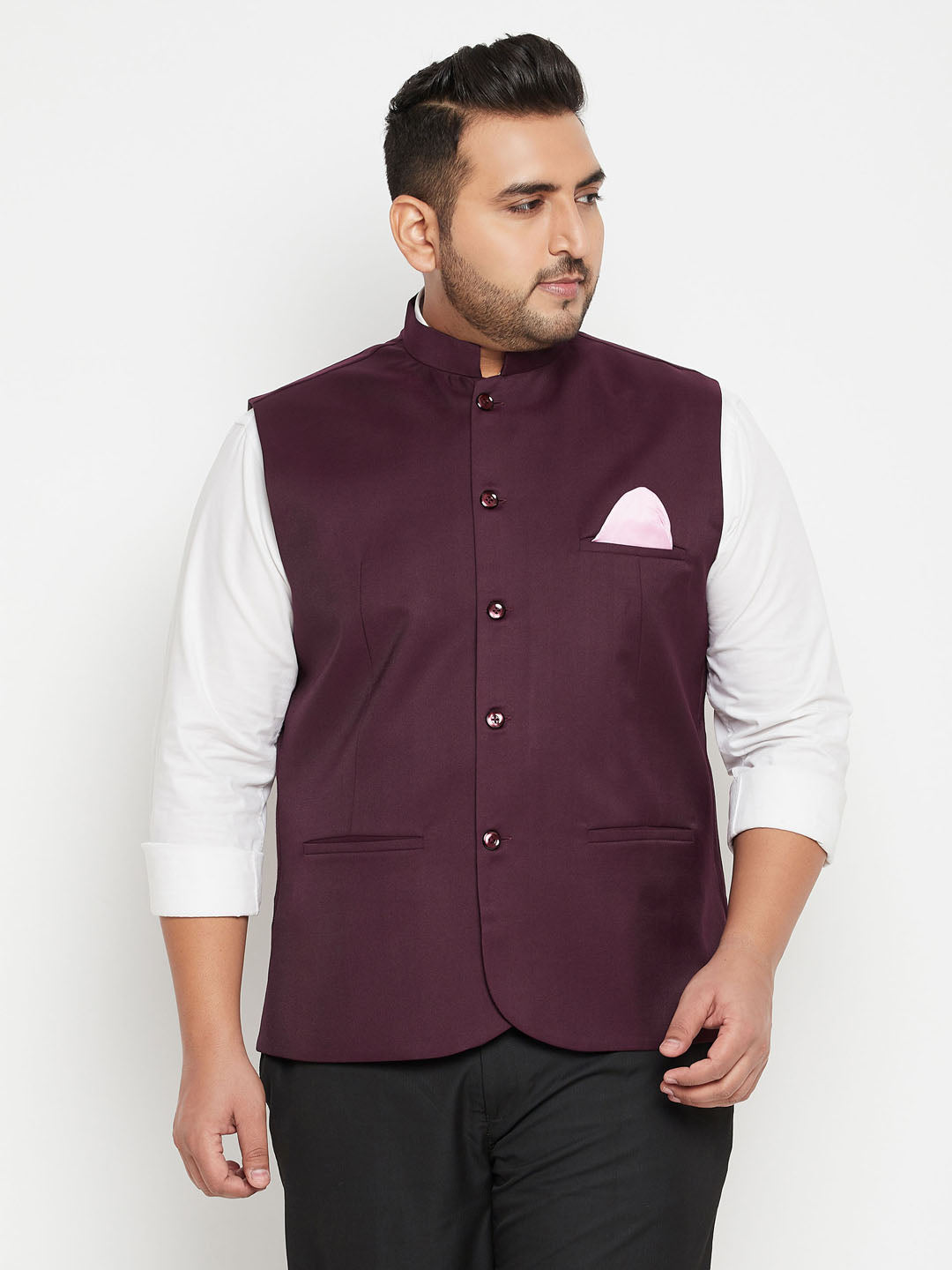 VASTRAMAY Men's Plus Size Maroon Cotton Blend Nehru Jacket