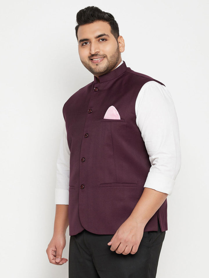 VASTRAMAY Men's Plus Size Maroon Cotton Blend Nehru Jacket