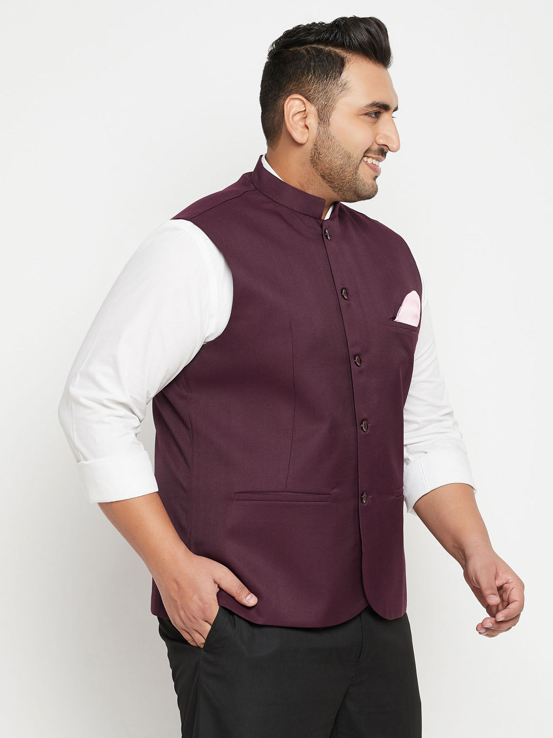 VASTRAMAY Men's Plus Size Maroon Cotton Blend Nehru Jacket