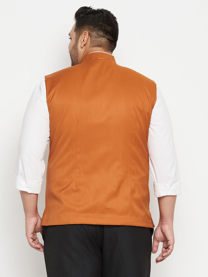 VASTRAMAY Men's Plus Size Orange Cotton Blend Nehru Jacket