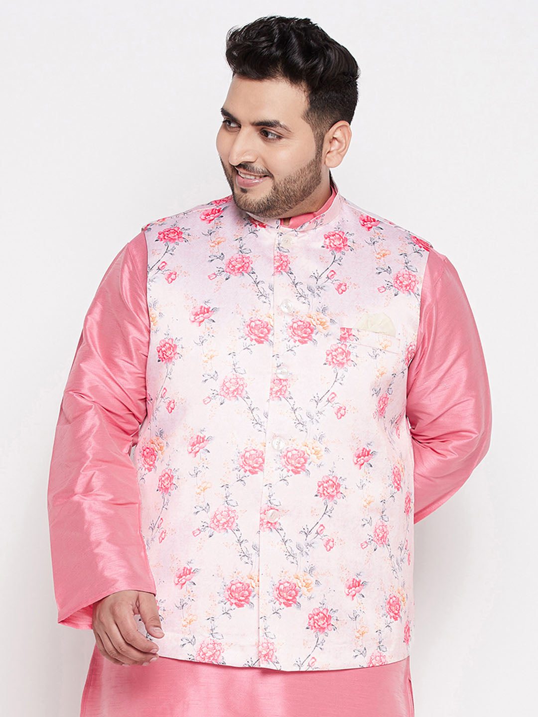 Men s Peach Floral Silk Blend Nehru Jacket Vastramay 44 XX Large