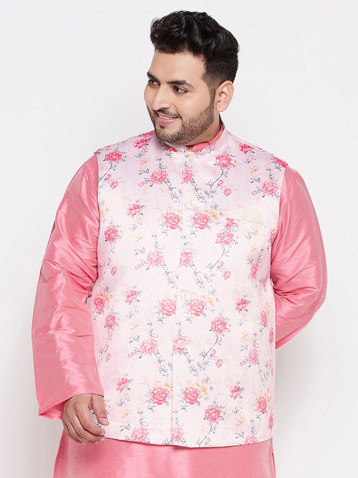 VASTRAMAY Men's Plus Size Peach Floral Print Silk Blend Nehru Jacket perfect for formal occasions and traditional events