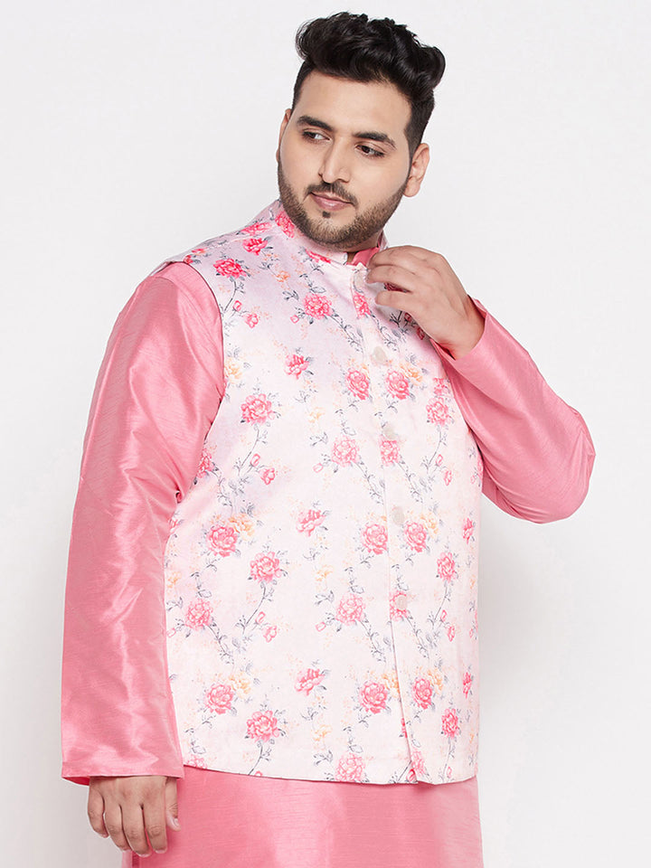 VASTRAMAY Peach Floral Nehru Jacket Silk Blend - Elegant and stylish men's traditional Indian outerwear featuring a peach color with floral pattern, made from a luxurious silk blend fabric