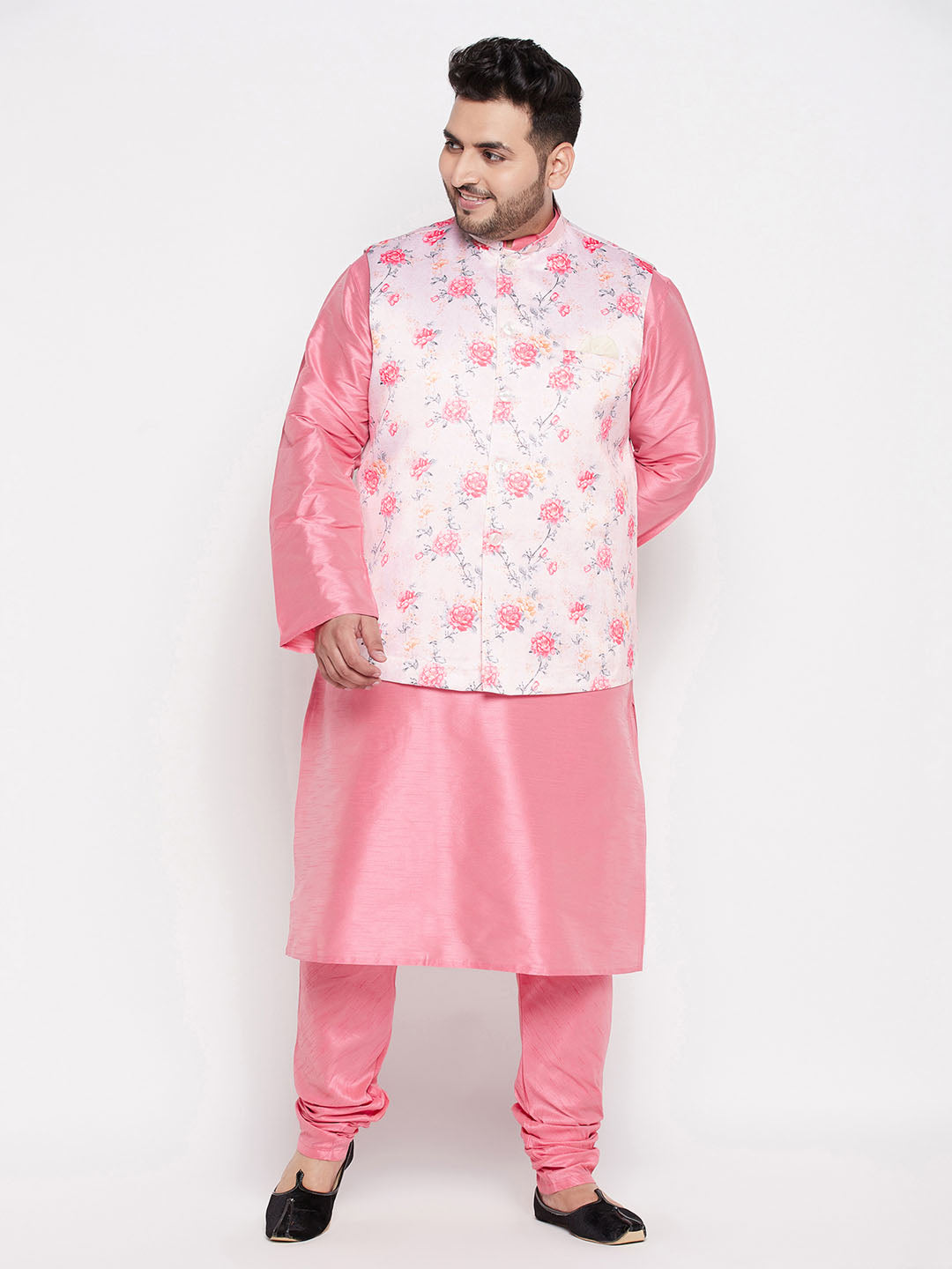 VASTRAMAY Peach Floral Nehru Jacket Silk Blend - Elegant and stylish men's ethnic wear with intricate floral pattern and traditional Nehru collar