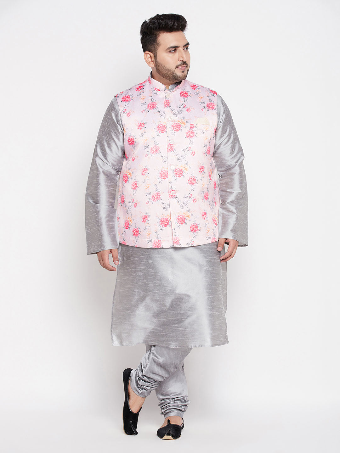 Stylish and comfortable men's plus size attire featuring a peach floral printed jacket and grey solid kurta pyjama