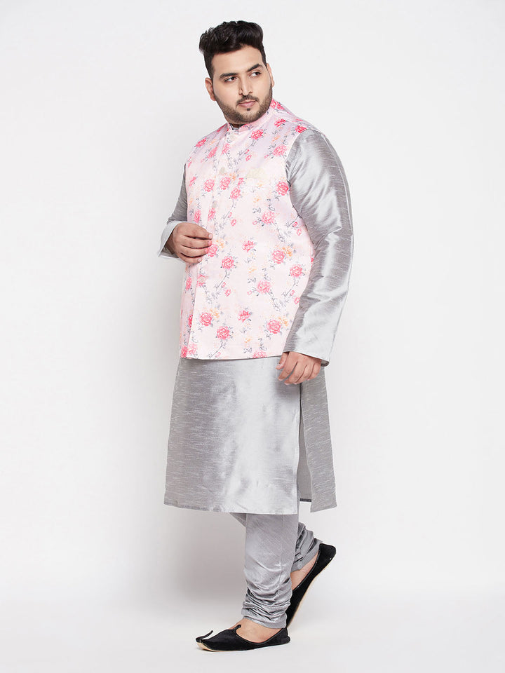 VASTRAMAY Men's Plus Size Peach Floral printed Jacket With Grey Solid Kurta Pyjama Set