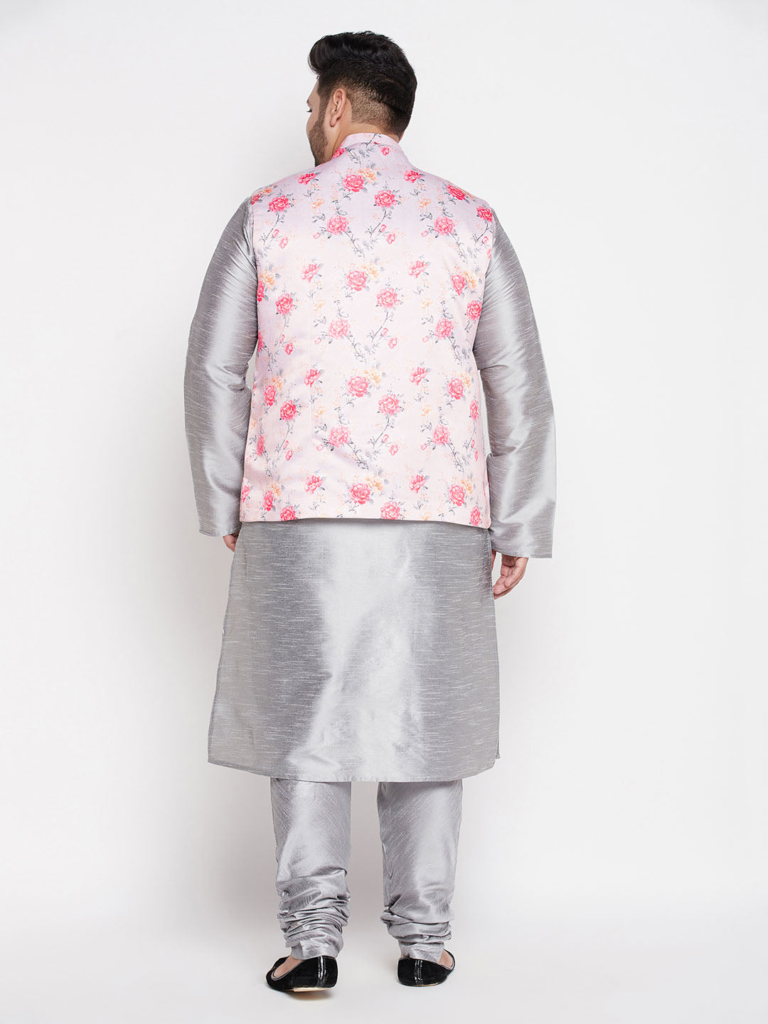 VASTRAMAY Men's Plus Size Peach Floral printed Jacket With Grey Solid Kurta Pyjama Set