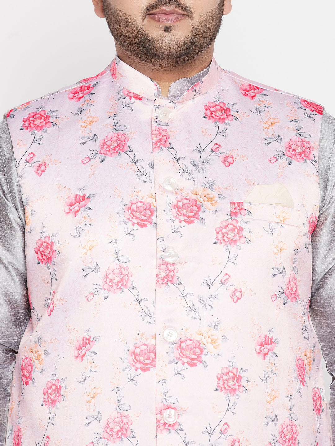 VASTRAMAY Men's Plus Size Peach Floral printed Jacket With Grey Solid Kurta Pyjama Set