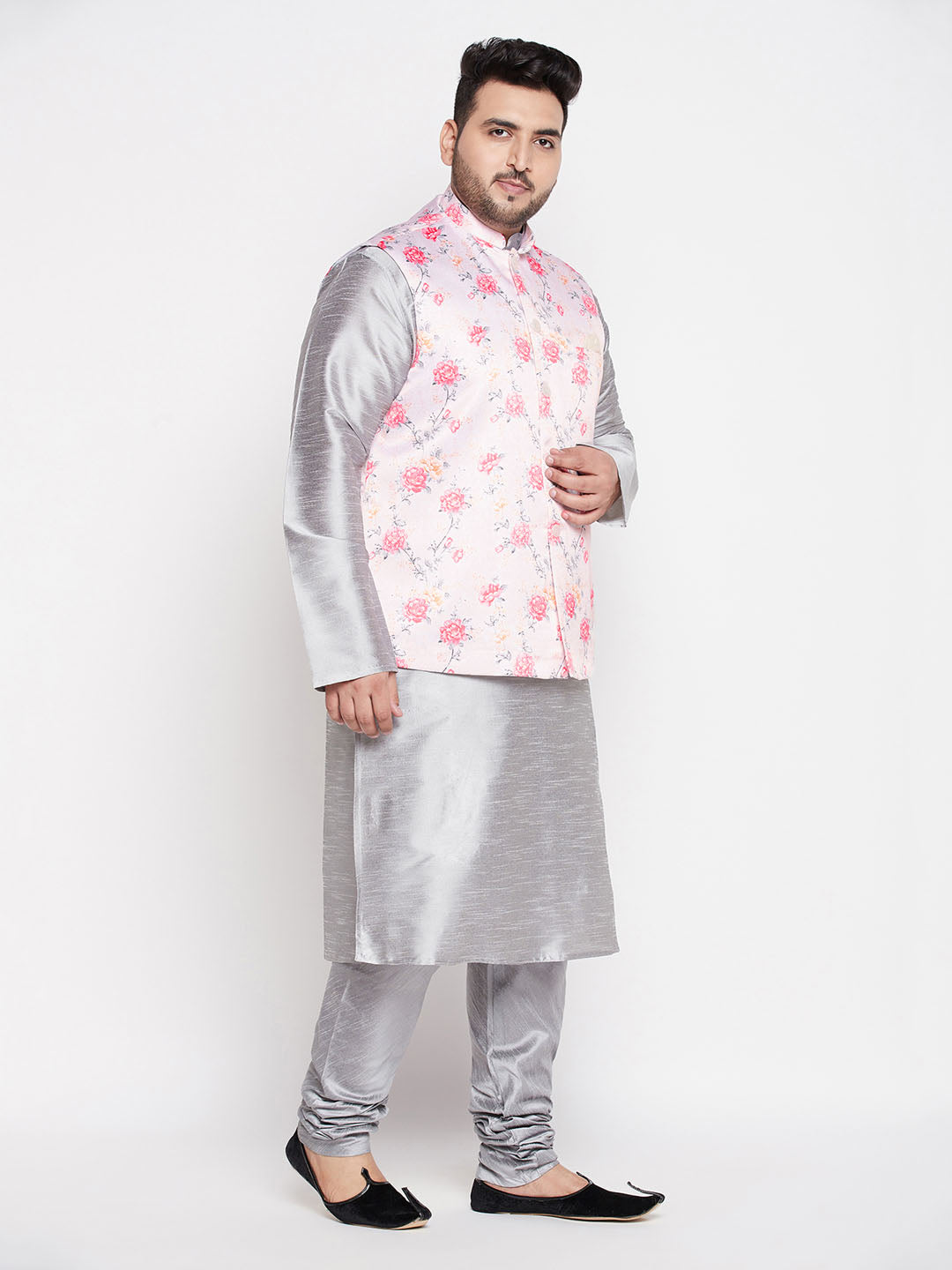 VASTRAMAY Men's Plus Size Peach Floral printed Jacket With Grey Solid Kurta Pyjama Set