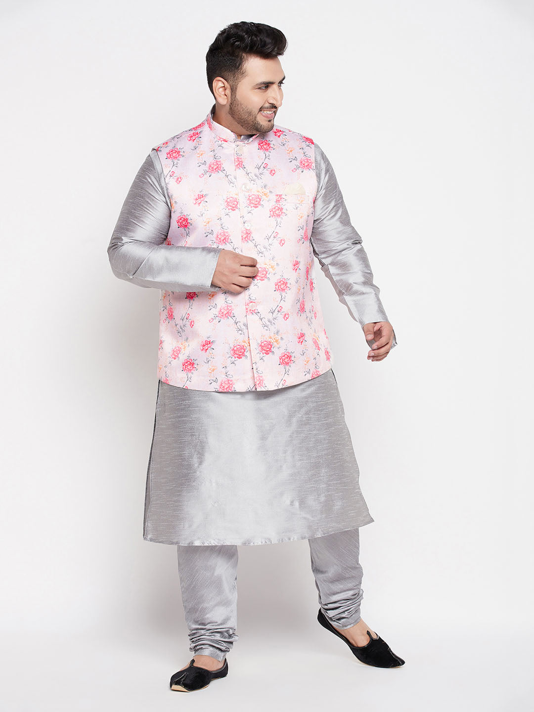 VASTRAMAY Men's Plus Size Peach Floral Printed Jacket with Grey Solid Kurta Pyjama Set - Stylish and Comfortable Ethnic Wear for Men